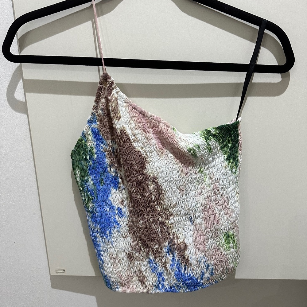 SWF Printed One-Shoulder Shirred Top Skyline